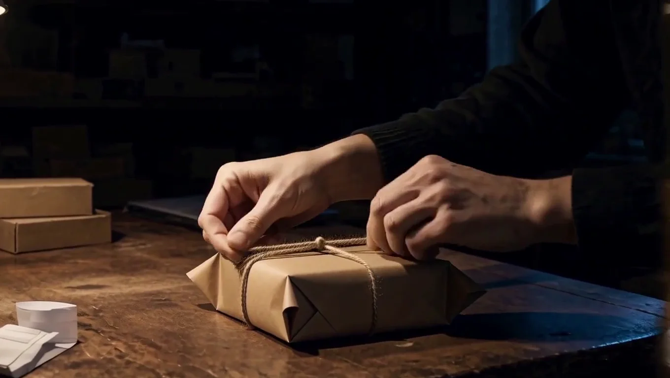 Two hands tie twine around an order wrapped in kraft paper, under a brass desk lamp.